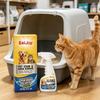 A glass container of EelJoy pet stain and odor remover spray sits next to a fluffy orange cat standing near the product.
