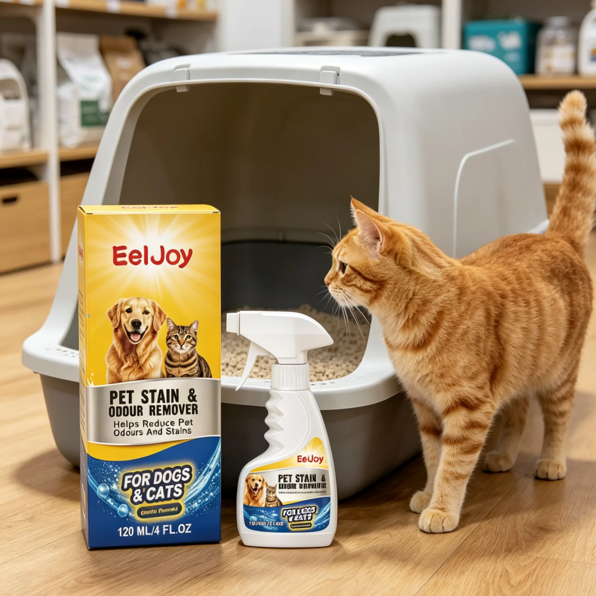 A glass container of EelJoy pet stain and odor remover spray sits next to a fluffy orange cat standing near the product.