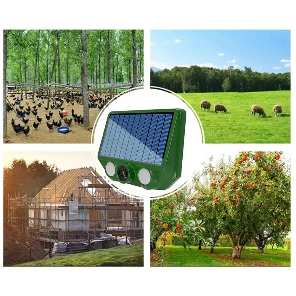 A green solar pest repellent device is shown with images of its use in agricultural and garden settings.