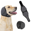 A light-colored dog is shown next to a black waterproof soundproof dog ear muff and a separate ear muff piece.