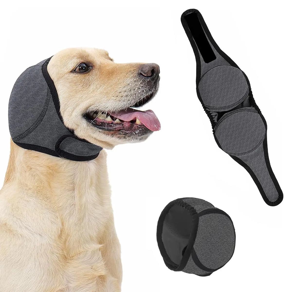 A light-colored dog is shown next to a black waterproof soundproof dog ear muff and a separate ear muff piece.