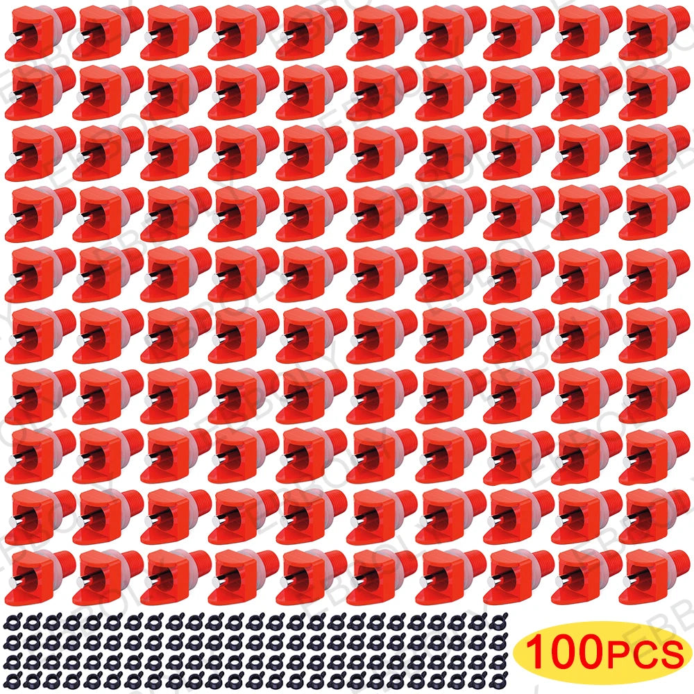 Un jeu de tétines pour abreuvoirs de poulets automatiques rouges, monté en grille.