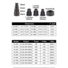 Diagram showing dimensions and power specifications for a series of submersible water pumps