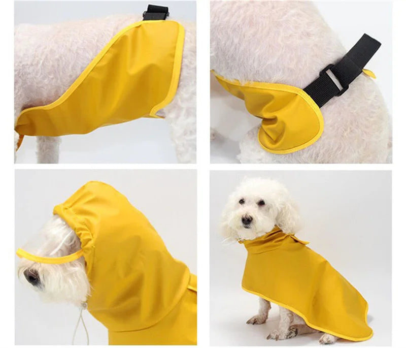 A bright yellow waterproof pet raincoat being worn by a white dog.