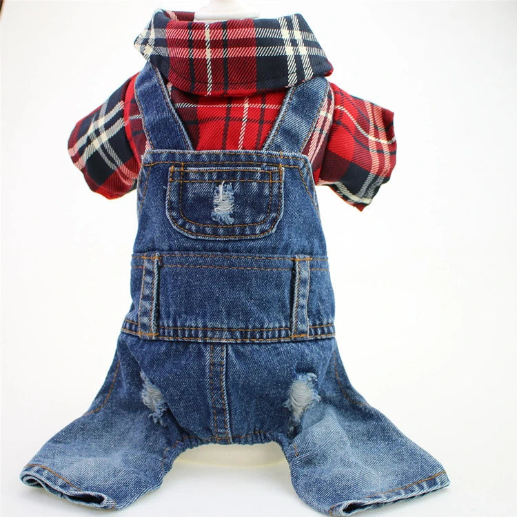 A plaid denim jumpsuit for a small dog, featuring red and black checks.