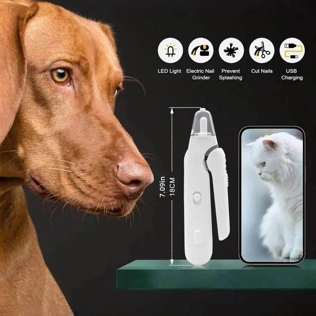 A close-up of a brown dog's face next to a white 2-in-1 pet nail trimmer and grinder tool.