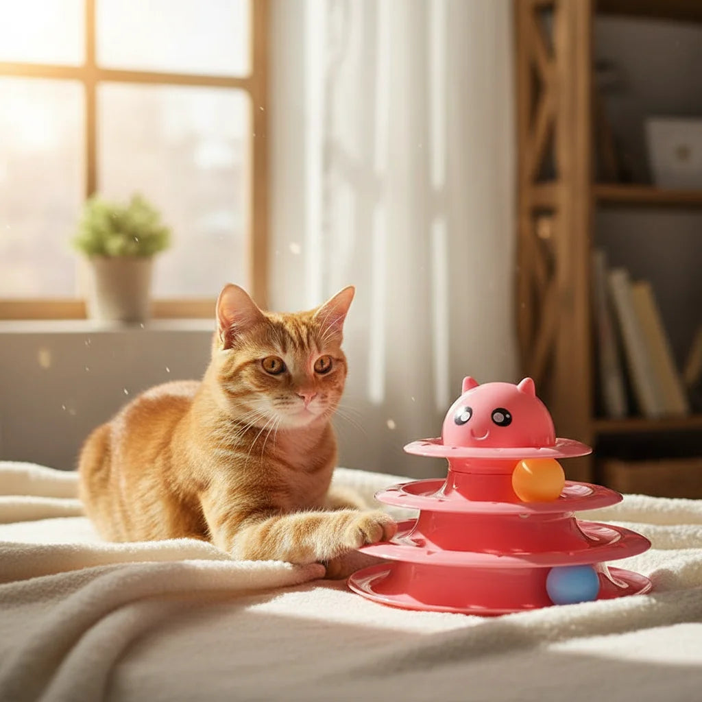 A terracotta orange cat is looking at a pink 3-layer cat turntable toy with balls and a scratching board on a white blanket.