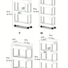 Three models of a white mobile storage rack are shown: S, M, and L, with dimensions provided.