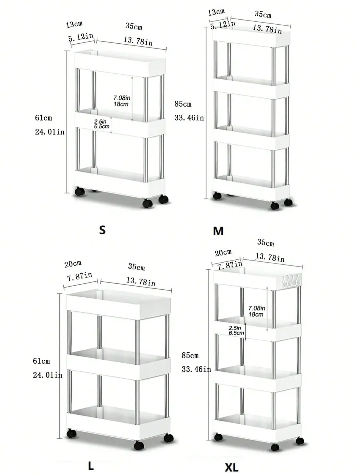 Three models of a white mobile storage rack are shown: S, M, and L, with dimensions provided.