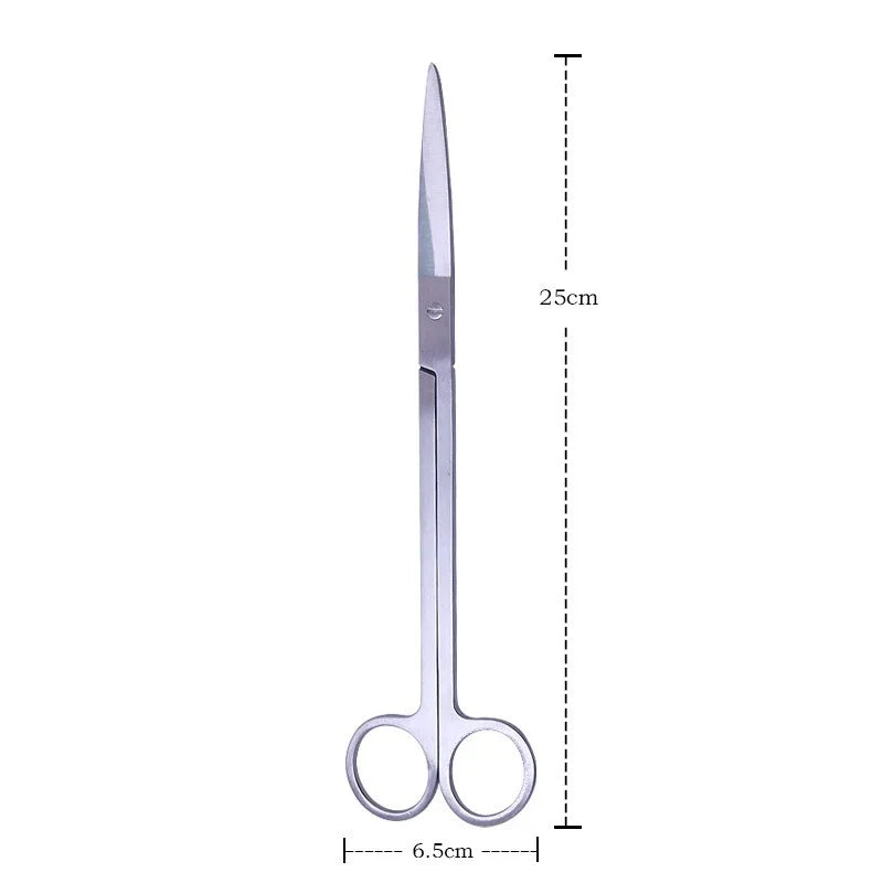 Stainless steel aquarium cleaning tool set with a long, slender pair of scissors.