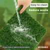 A hand is pouring water onto a green, fibrous pad, demonstrating how to easily clean and reduce waste.