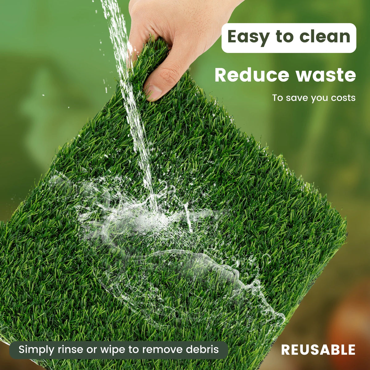 A hand is pouring water onto a green, fibrous pad, demonstrating how to easily clean and reduce waste.