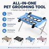 A blue pet grooming tool featuring a breathable mesh for cats and small dogs, shown with various color options.