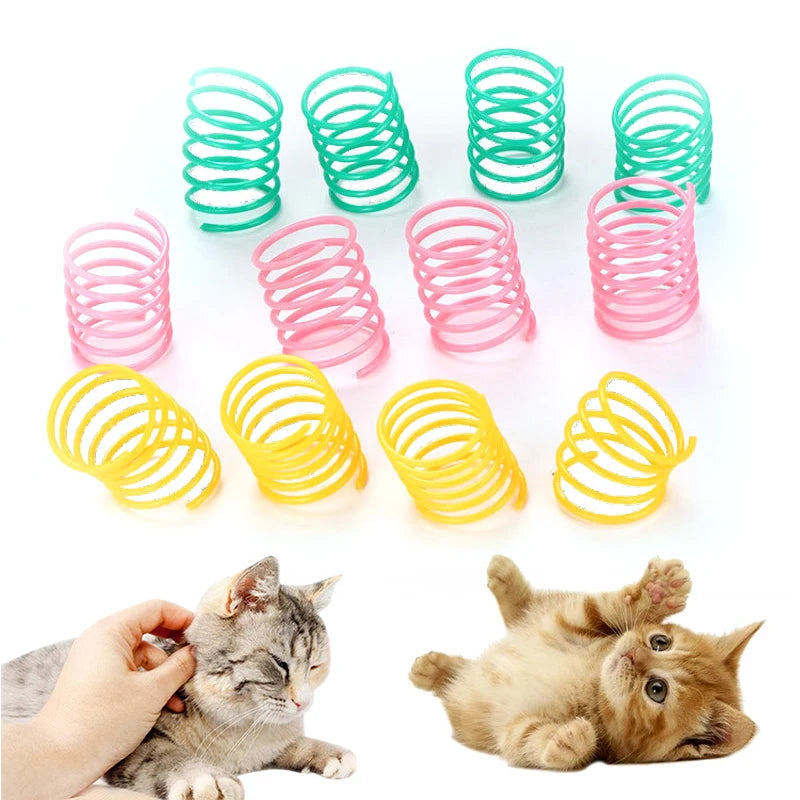 A collection of colorful spiral spring toys for cats and ferrets next to a kitten.