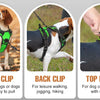 Three views of an LED glowing dog harness showing front clip, back clip, and top handle for training and control.