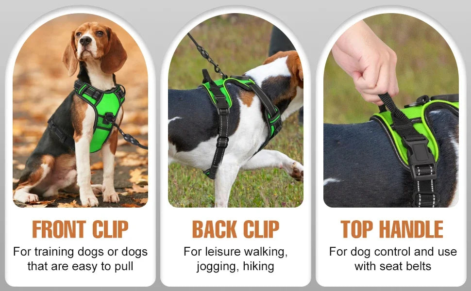 Three views of an LED glowing dog harness showing front clip, back clip, and top handle for training and control.