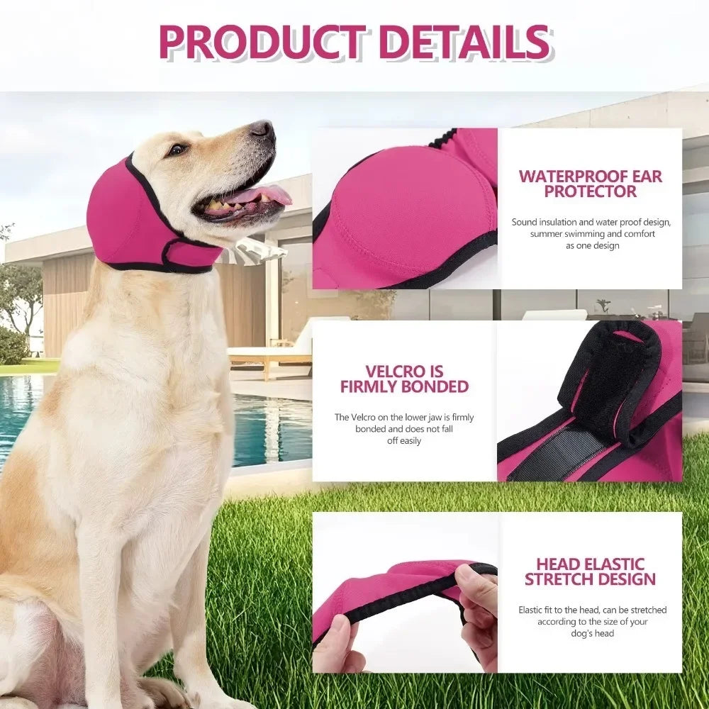 Pink and black ear protectors for dogs featuring waterproof design and elastic stretch for comfort