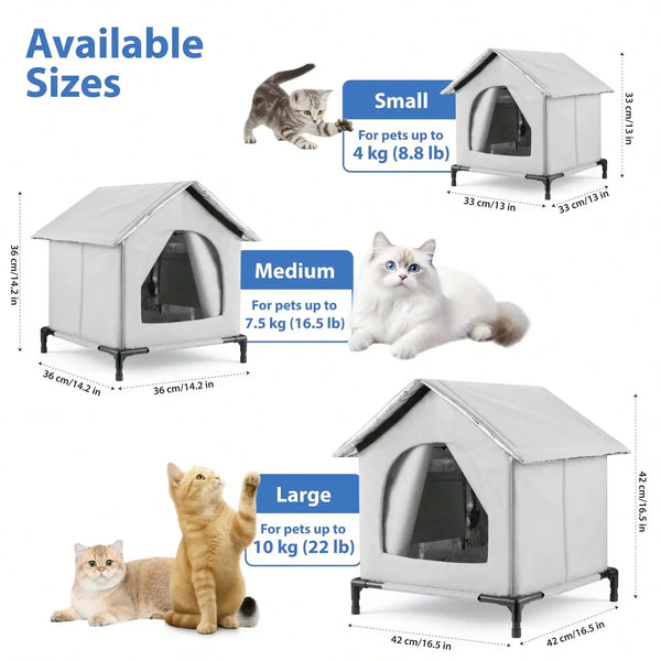 Three sizes of an insulated cat house for pets ranging from 4 to 10 kilograms.