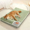 A golden-colored dog is resting on a green orthopedic memory foam dog bed with a gray border and a small orange heart patch.