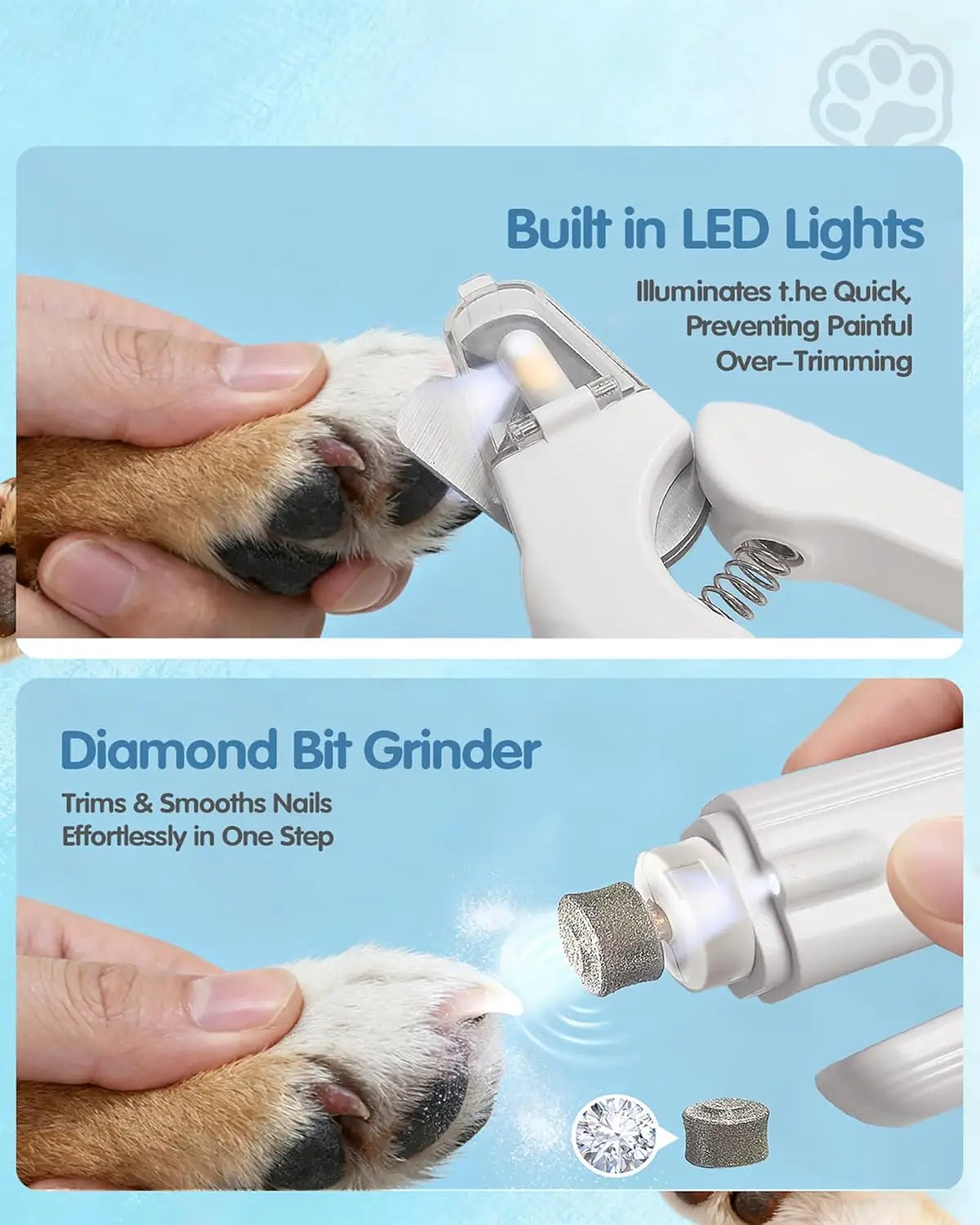 Eine Hand benutzt ein LED-Werkzeug, um die Kralle einer Katze zu trimmen; eine andere zeigt einen Diamant-Fräser dafür.