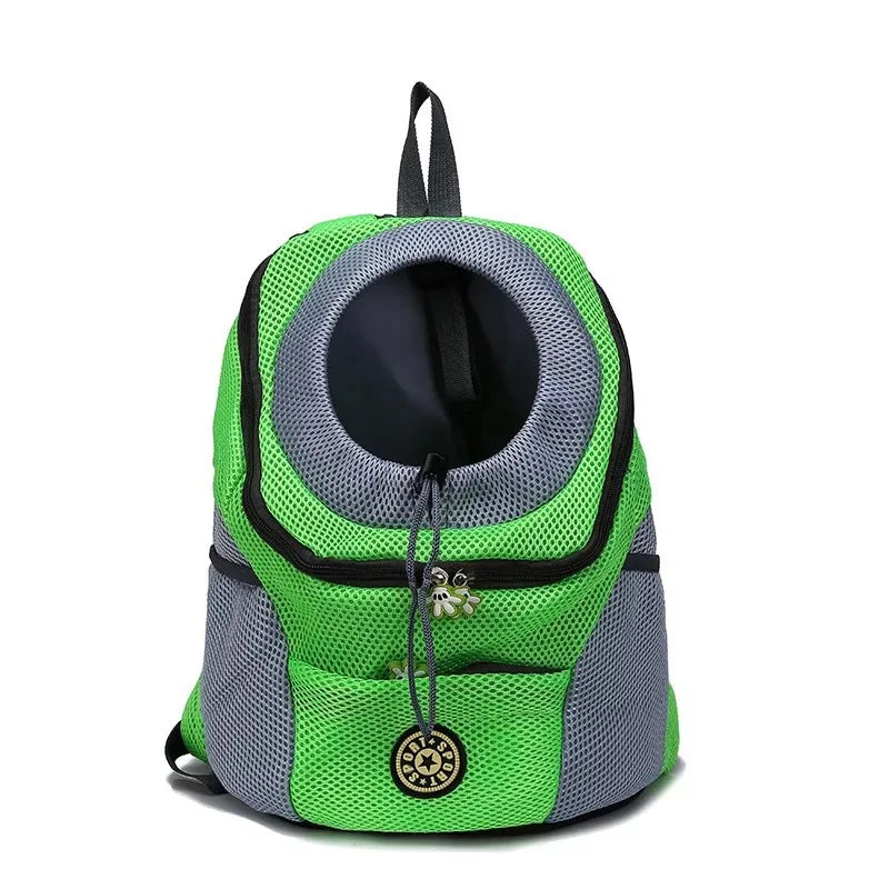 A bright lime green portable pet carrier backpack with a mesh top and gray fabric body.