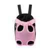Pink mesh carrier backpack with black lining and black straps for pets
