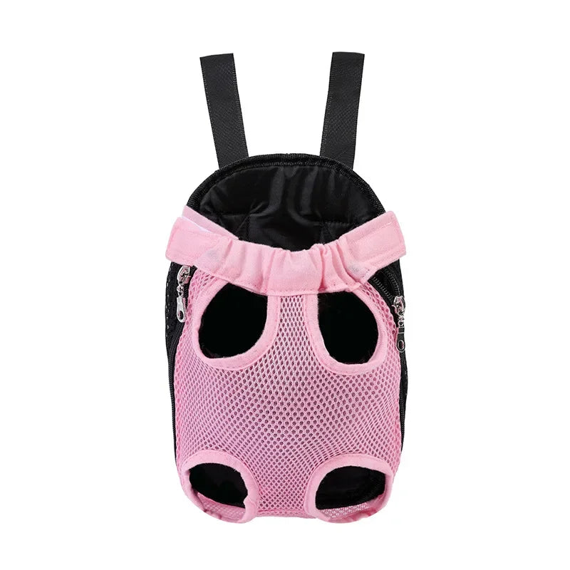 Pink mesh carrier backpack with black lining and black straps for pets