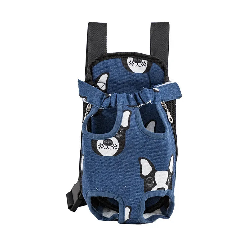 A dark blue adjustable backpack carrier designed for cats and dogs.
