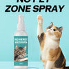 A bottle of NO PET ZONE SPRAY is shown next to a cat looking up.