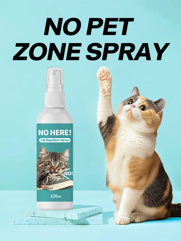 A bottle of NO PET ZONE SPRAY is shown next to a cat looking up.