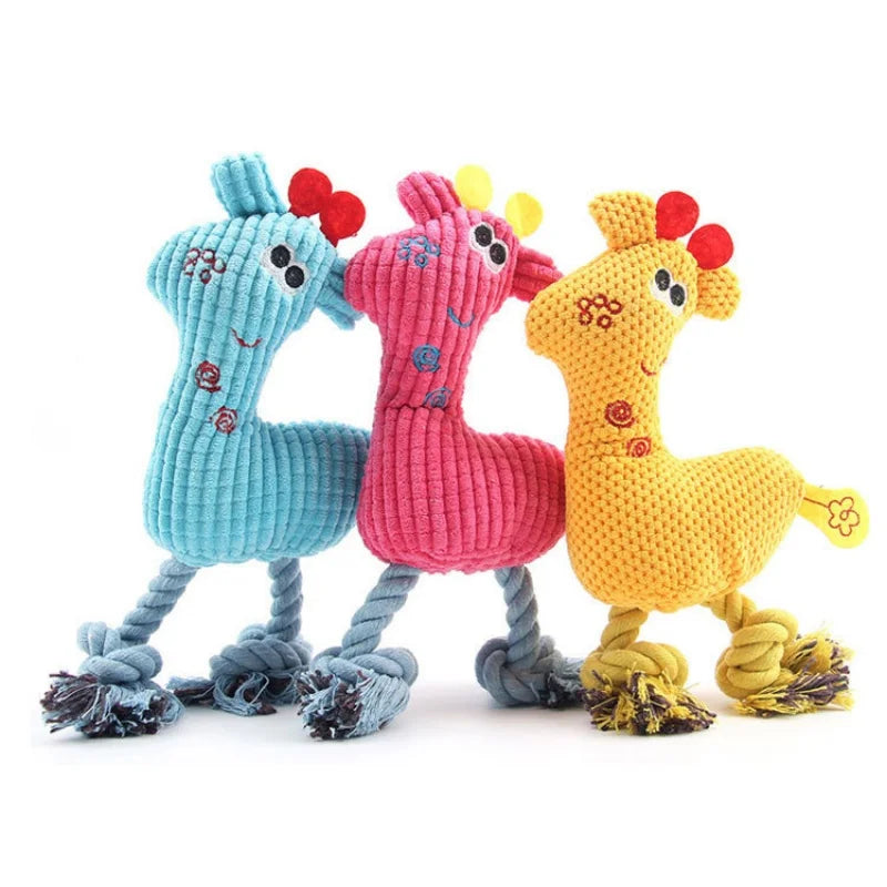 Three colorful plush bone dog squeaky chew toys in blue, pink, and yellow for teething and play