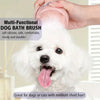 A hand is holding a multi-functional dog bath brush with a pink bristles and a white fluffy dog.