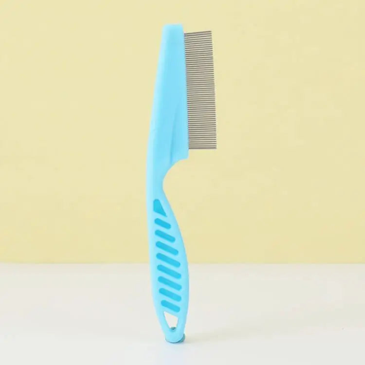 A light blue one-button pet hair removal brush with a wide comb is shown against a pale yellow background.