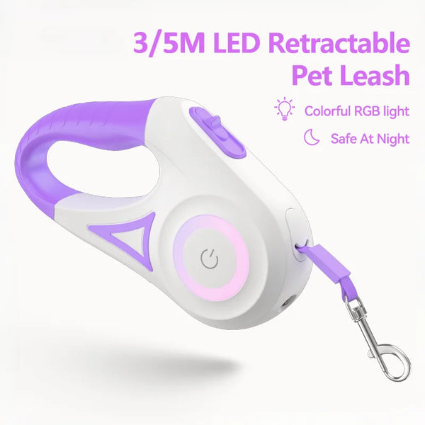 A white and purple retractable pet leash with a colorful RGB light feature shown against a white background.