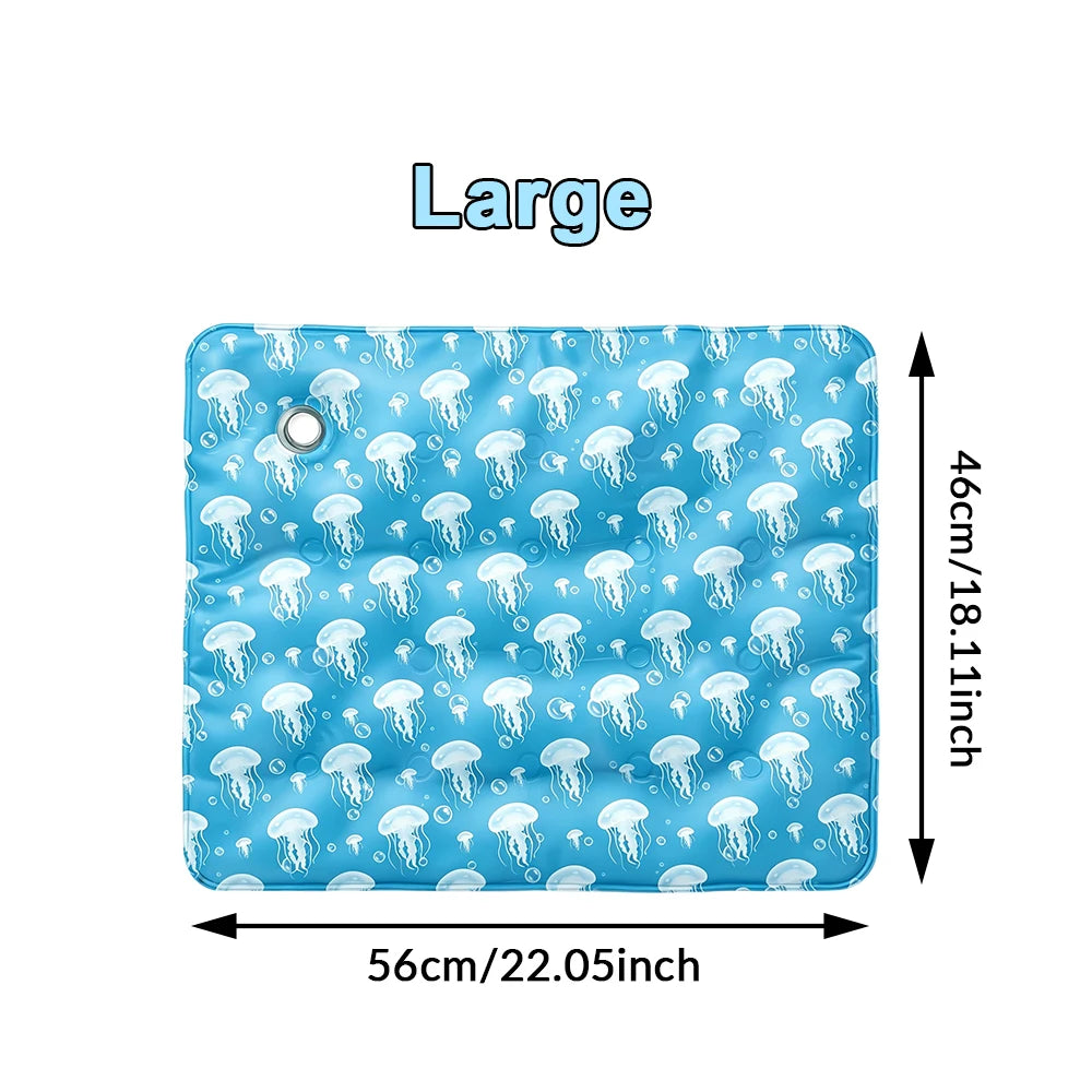 Large blue cooling gel pet mat featuring a repeating jellyfish pattern for dogs and cats
