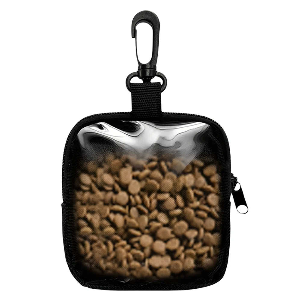 Black dog training treat pouch with a hook and zipper, filled with small brown treats.