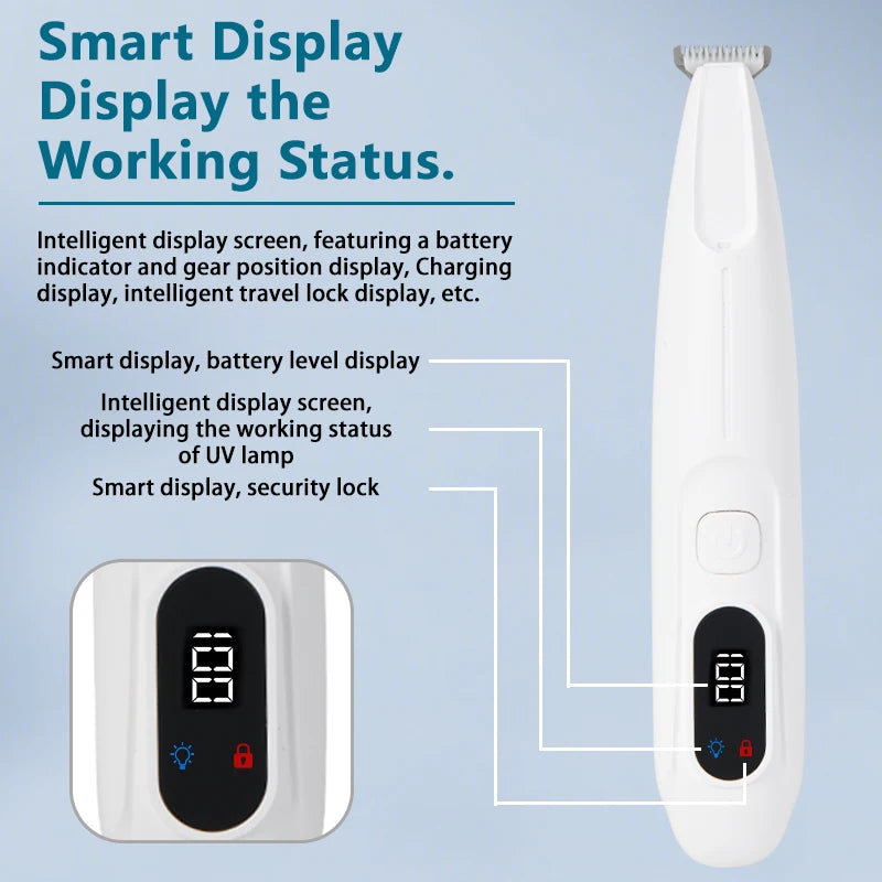 Aseo eléctrico para mascotas blanco con pantalla digital que muestra el nivel de batería y el estado del seguro.