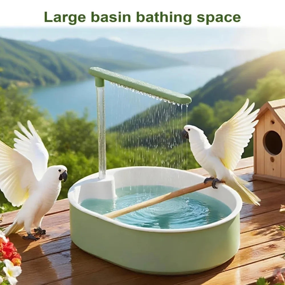 A large basin bathing space featuring an automatic bird bathtub with a resting stick, set outdoors.
