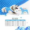 A white dog wearing a blue cooling vest is shown next to a size chart for the breathable dog cooling vest.