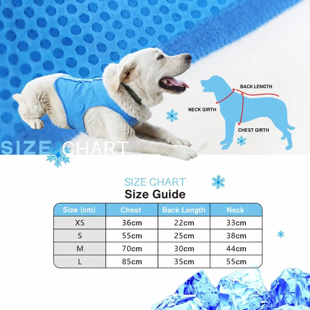 A white dog wearing a blue cooling vest is shown next to a size chart for the breathable dog cooling vest.