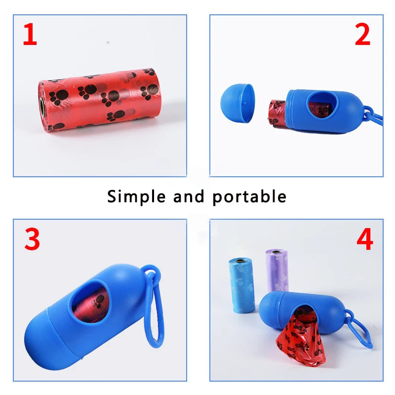 Four steps showing a capsule-shaped dog poop bag dispenser with carabiner clip in various forms and colors.