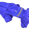 A bright blue waterproof raincoat for dogs shown flat lay.