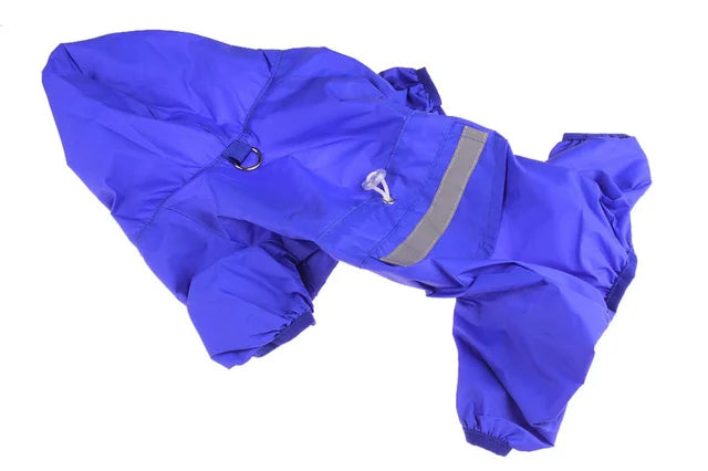 A bright blue waterproof raincoat for dogs shown flat lay.