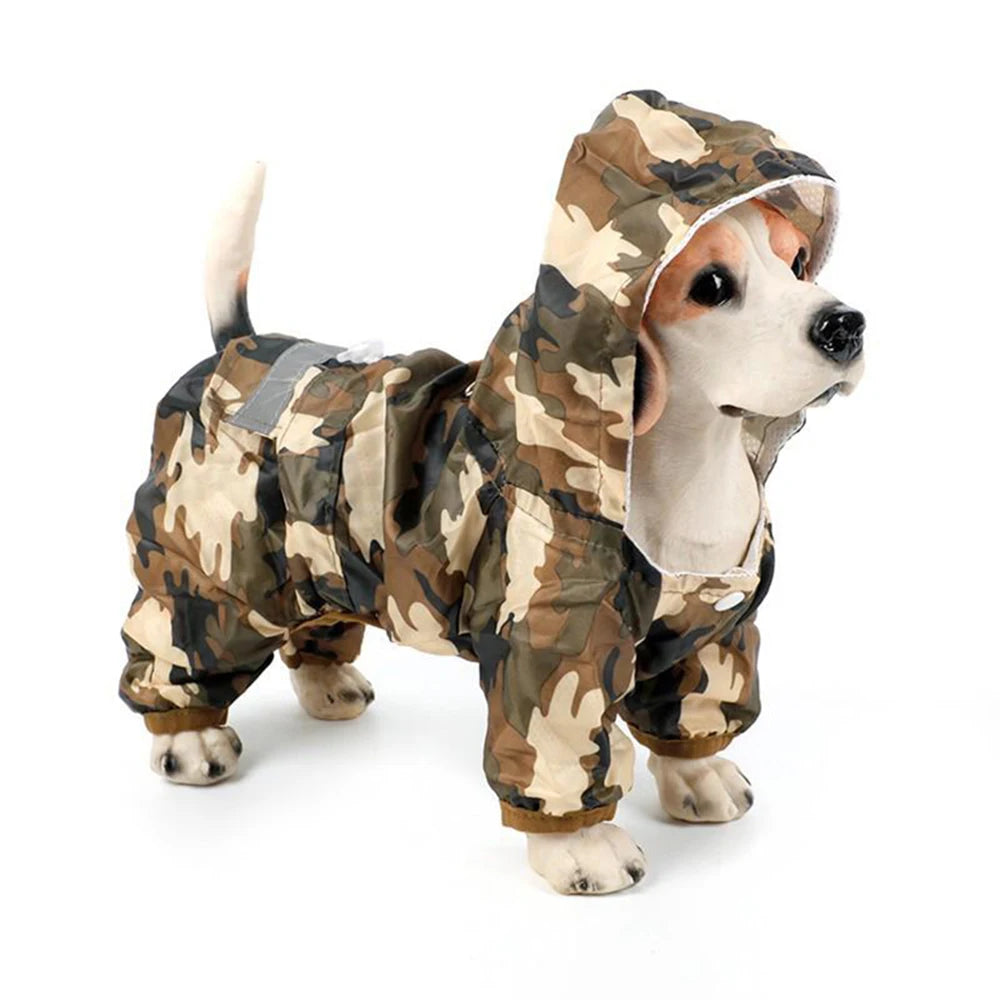 Un chien portant un imperméable de camouflage et un capuchon, debout sur une surface blanche.