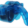 A bright blue bike chain cleaner tool featuring a plastic housing and an ergonomic brush system.