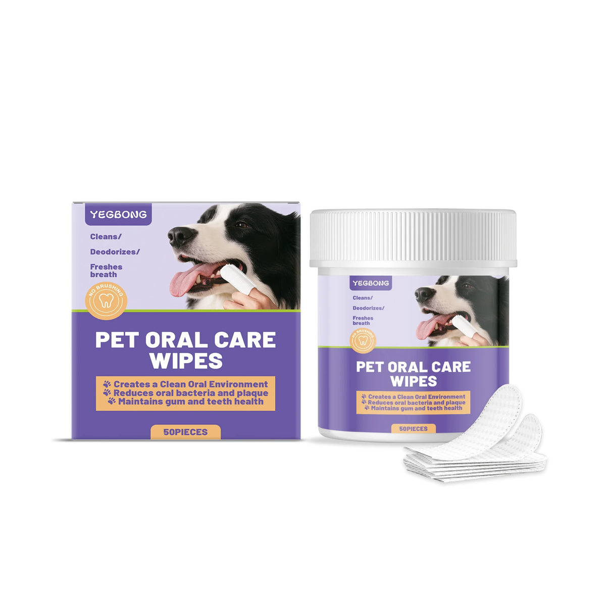 Box and container of Yegbong Pet Oral Care Wipes for dogs and cats