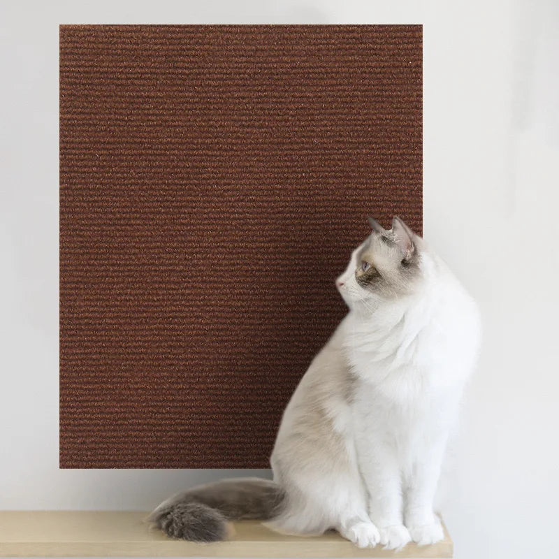 A white and gray cat is sitting on a brown self-adhesive scratching mat designed for furniture protection.