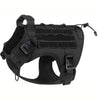 Black tactical dog harness featuring hook and loop panels and a handle