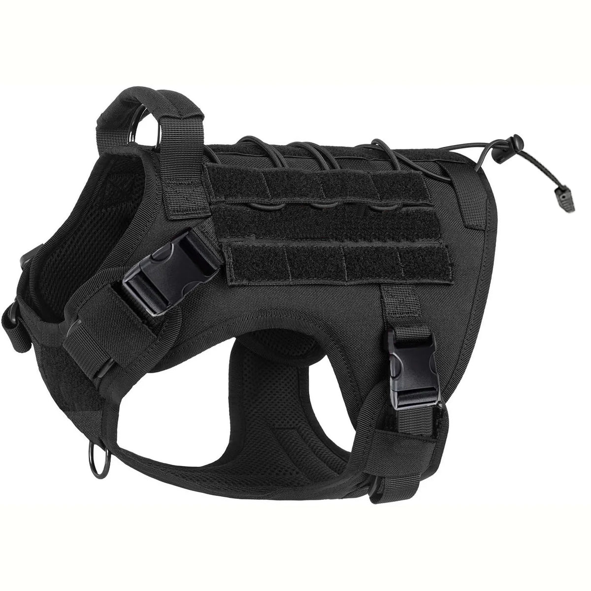 Black tactical dog harness featuring hook and loop panels and a handle