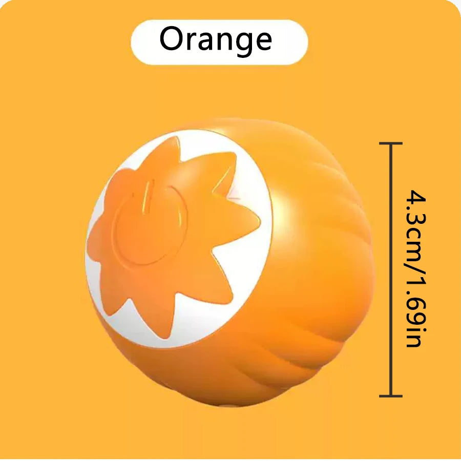 An orange automatic electric cat ball toy shown against an orange background.